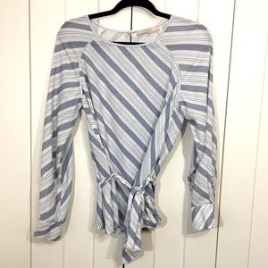 Ann Taylor Loft Blouse Belted Long Sleeve Blue White Stripes Medium